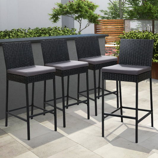 Ralph Set of 4 Outdoor Bar Stools Dining Chairs Wicker Furniture - Black