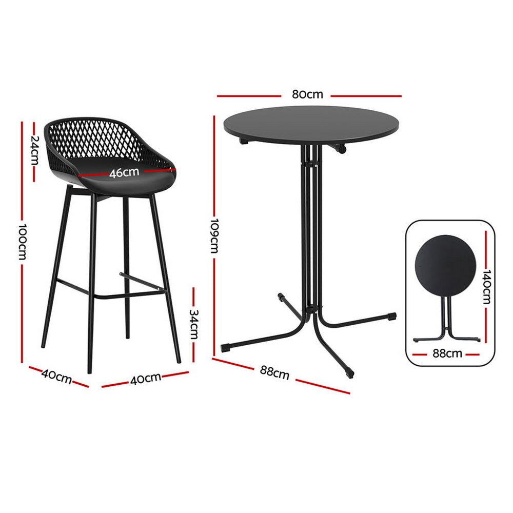 Nerine 2-Seater Outdoor Bar Set Stools Dining Chairs Table Patio Furniture Bistro Set 3-Piece - Black