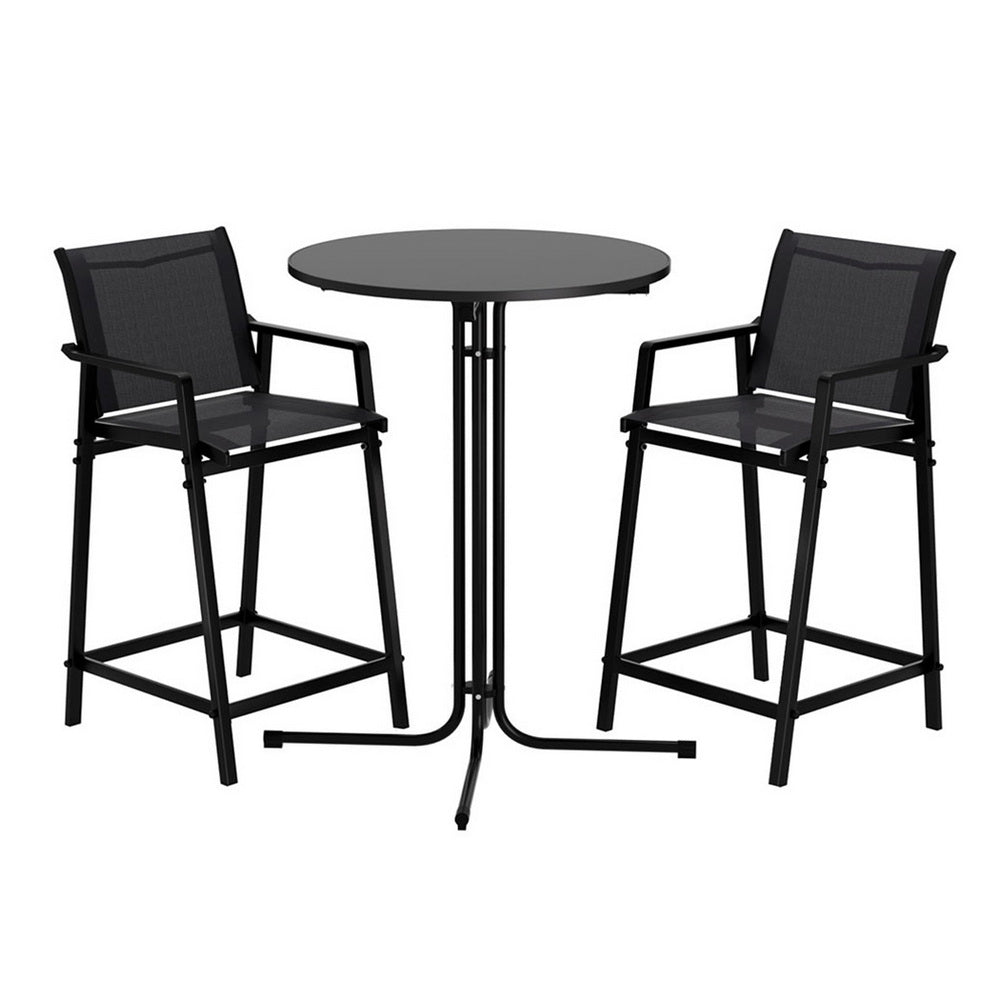 Serilda 2-Seater Outdoor Bar Set Stools Dining Chairs Table Patio Furniture Bistro Set Steel 3-Piece - Black