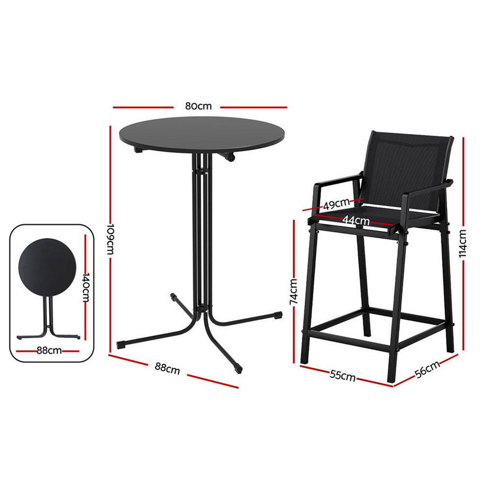 Serilda 2-Seater Outdoor Bar Set Stools Dining Chairs Table Patio Furniture Bistro Set Steel 3-Piece - Black