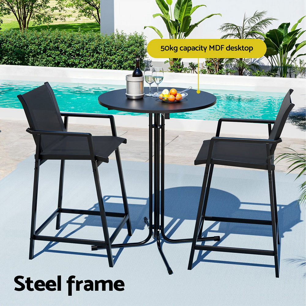 Serilda 2-Seater Outdoor Bar Set Stools Dining Chairs Table Patio Furniture Bistro Set Steel 3-Piece - Black