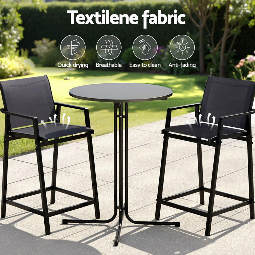 Serilda 2-Seater Outdoor Bar Set Stools Dining Chairs Table Patio Furniture Bistro Set Steel 3-Piece - Black