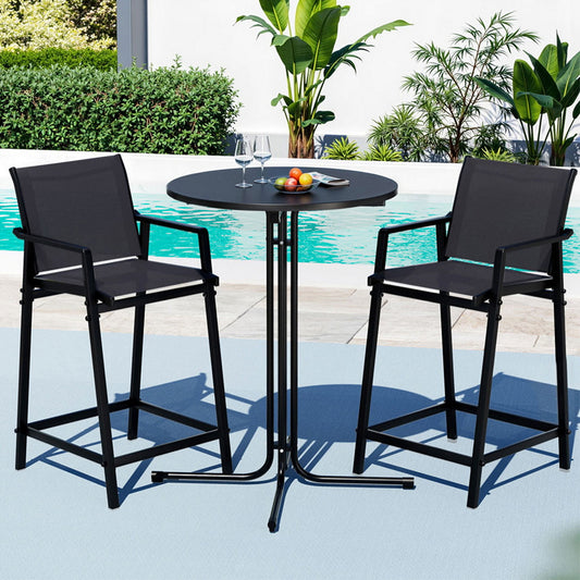 Serilda 2-Seater Outdoor Bar Set Stools Dining Chairs Table Patio Furniture Bistro Set Steel 3-Piece - Black