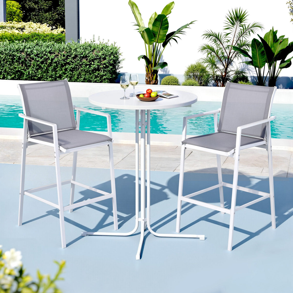 Serilda 2-Seater Outdoor Bar Set Stools Dining Chairs Table Patio Furniture Bistro Set Steel 3-Piece - White