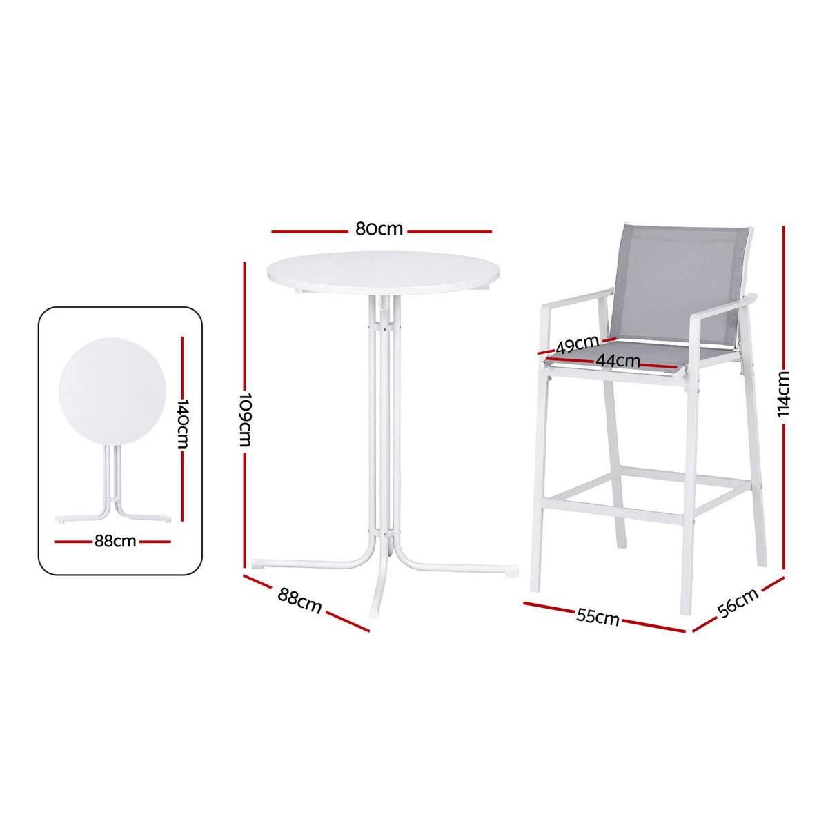 Serilda 2-Seater Outdoor Bar Set Stools Dining Chairs Table Patio Furniture Bistro Set Steel 3-Piece - White