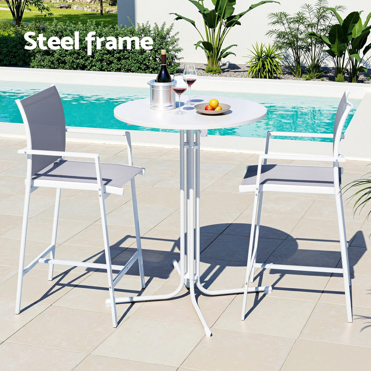 Serilda 2-Seater Outdoor Bar Set Stools Dining Chairs Table Patio Furniture Bistro Set Steel 3-Piece - White
