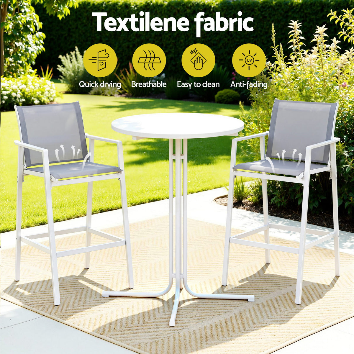 Serilda 2-Seater Outdoor Bar Set Stools Dining Chairs Table Patio Furniture Bistro Set Steel 3-Piece - White