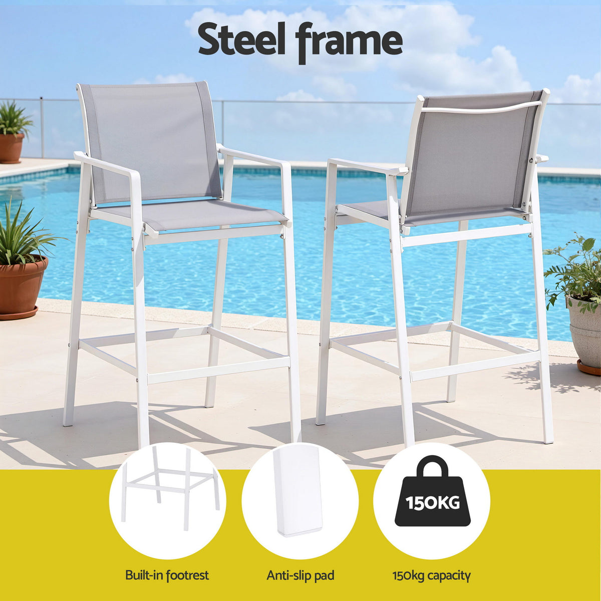 Serilda 2-Seater Outdoor Bar Set Stools Dining Chairs Table Patio Furniture Bistro Set Steel 3-Piece - White