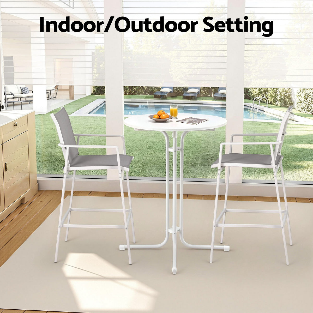 Serilda 2-Seater Outdoor Bar Set Stools Dining Chairs Table Patio Furniture Bistro Set Steel 3-Piece - White