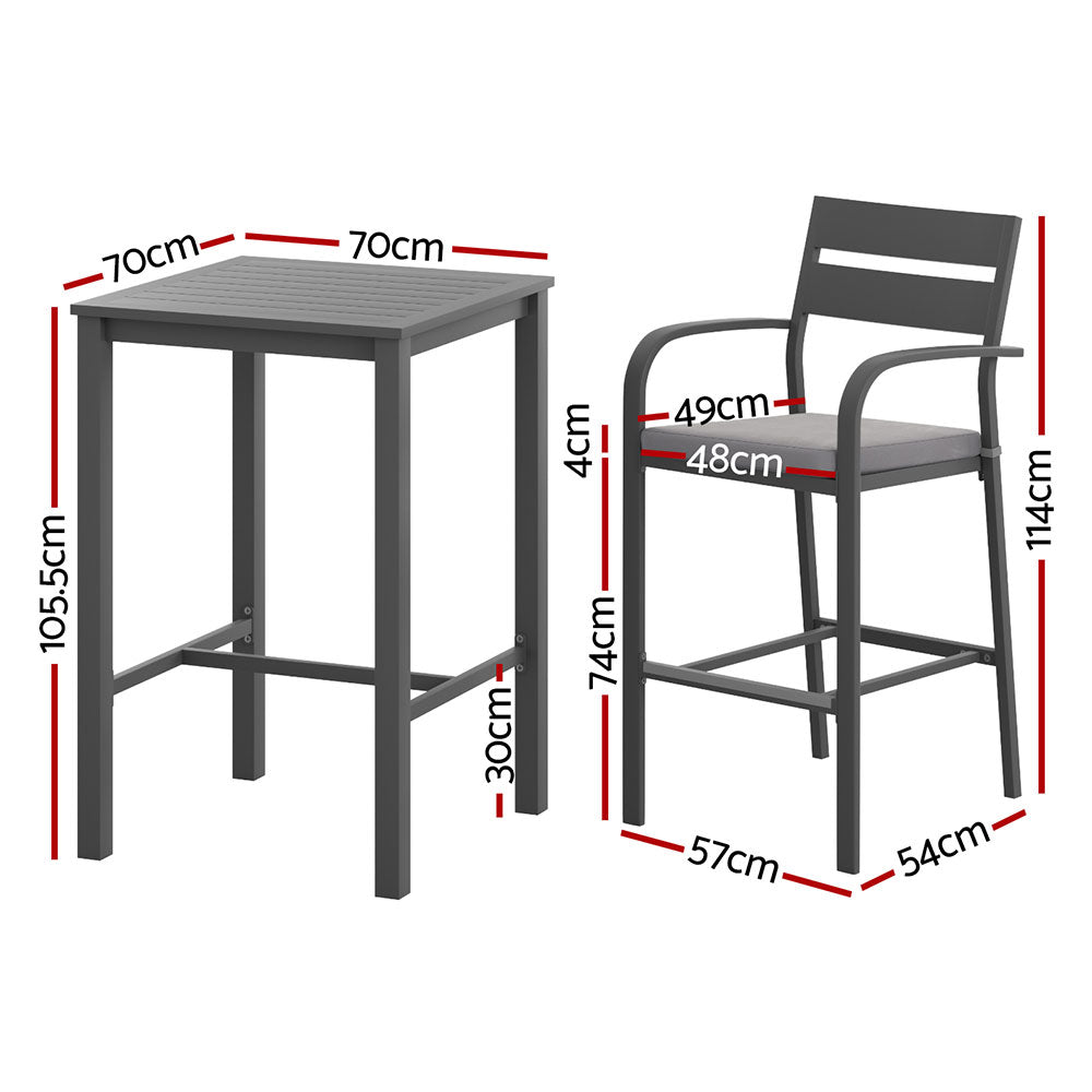 Arlise 2-Seater Outdoor Bar Set Stools Dining Chairs Table Patio Aluminium Bistro Set 3-Piece - Black