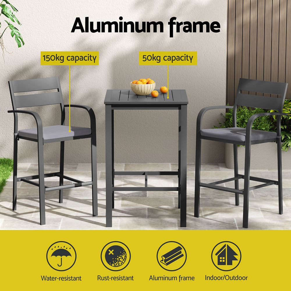 Arlise 2-Seater Outdoor Bar Set Stools Dining Chairs Table Patio Aluminium Bistro Set 3-Piece - Black