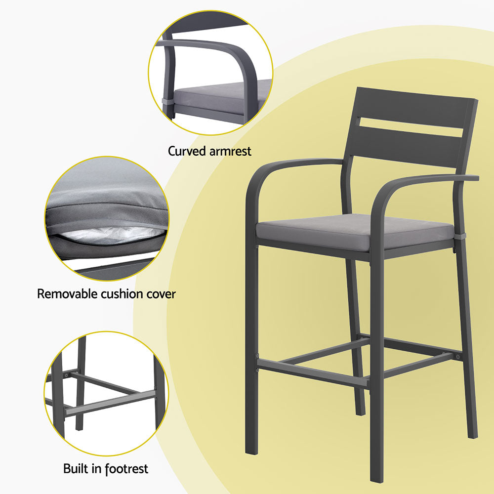 Arlise 2-Seater Outdoor Bar Set Stools Dining Chairs Table Patio Aluminium Bistro Set 3-Piece - Black