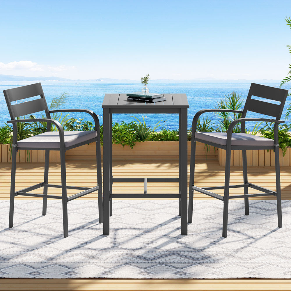 Arlise 2-Seater Outdoor Bar Set Stools Dining Chairs Table Patio Aluminium Bistro Set 3-Piece - Black