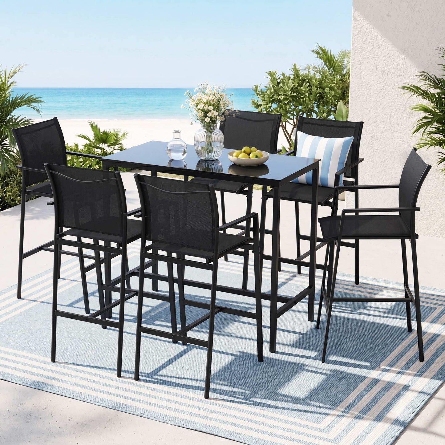 Basina 6-Seater Outdoor Bar Set Stools Dining Chairs Table Patio Steel Bistro Set 7-Piece - Black