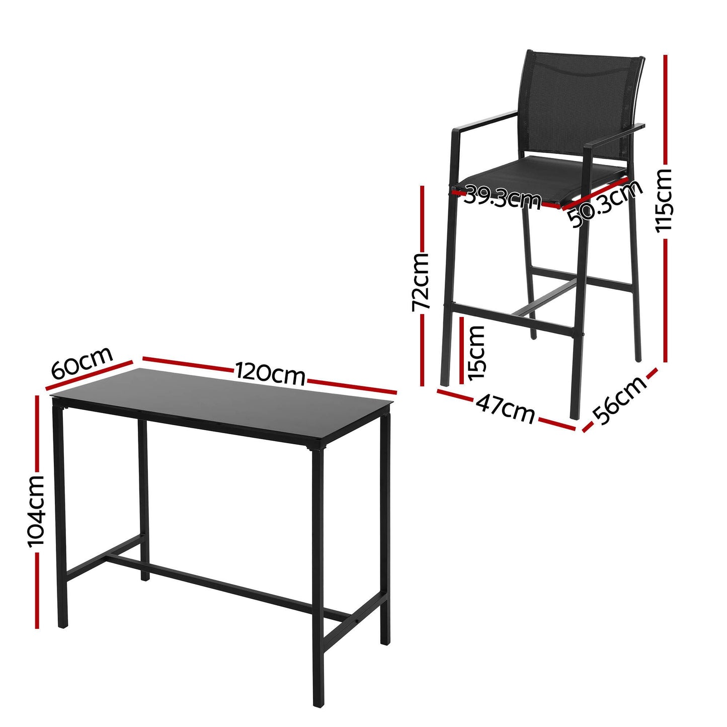 Basina 6-Seater Outdoor Bar Set Stools Dining Chairs Table Patio Steel Bistro Set 7-Piece - Black