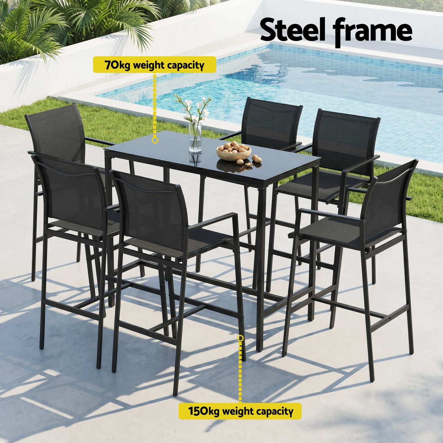 Basina 6-Seater Outdoor Bar Set Stools Dining Chairs Table Patio Steel Bistro Set 7-Piece - Black