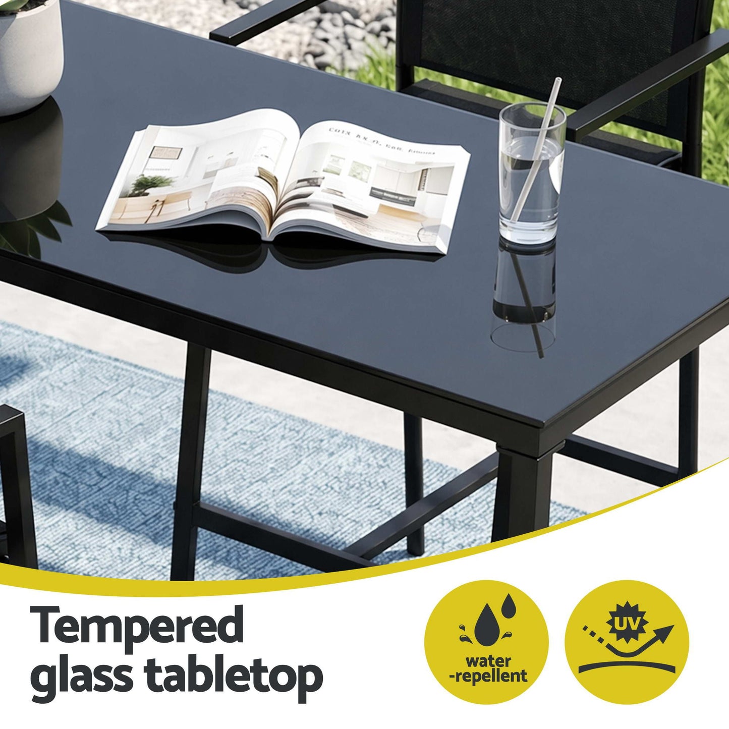 Basina 6-Seater Outdoor Bar Set Stools Dining Chairs Table Patio Steel Bistro Set 7-Piece - Black