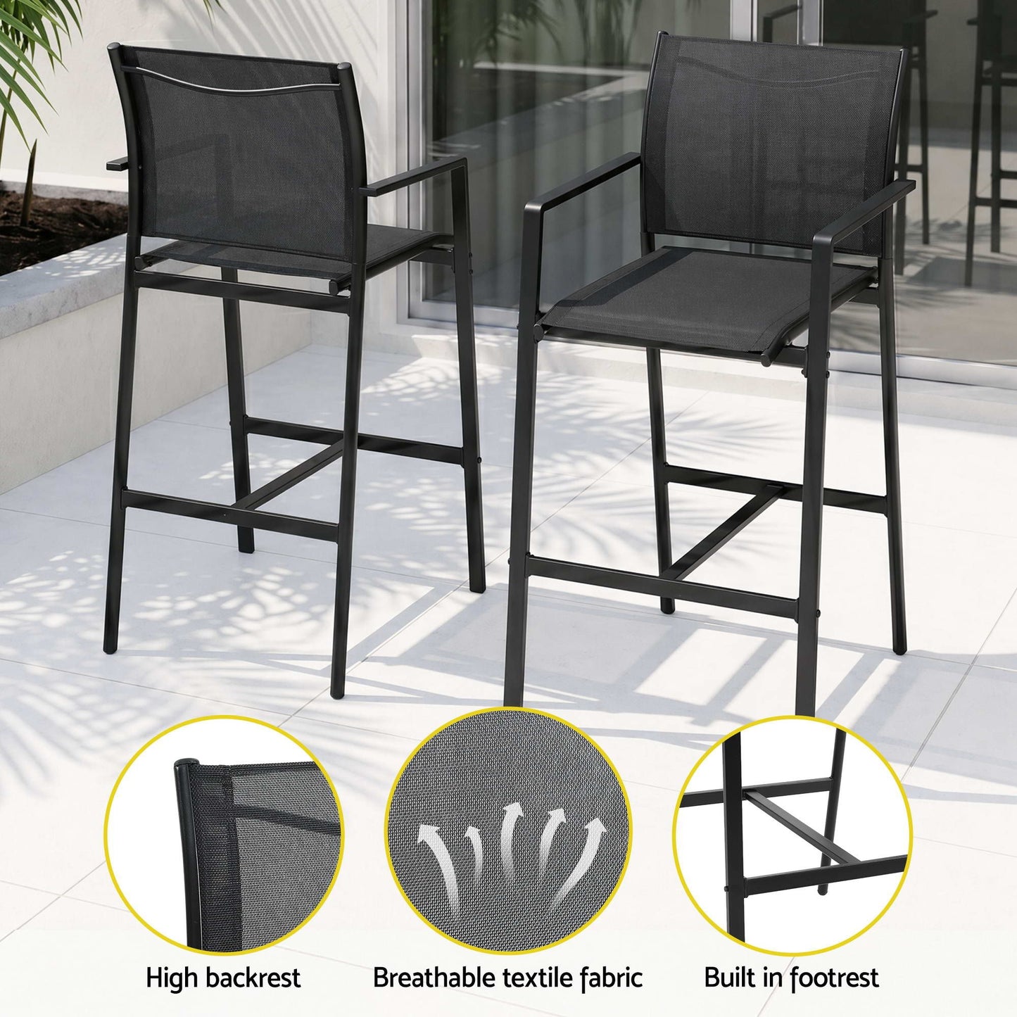 Basina 6-Seater Outdoor Bar Set Stools Dining Chairs Table Patio Steel Bistro Set 7-Piece - Black