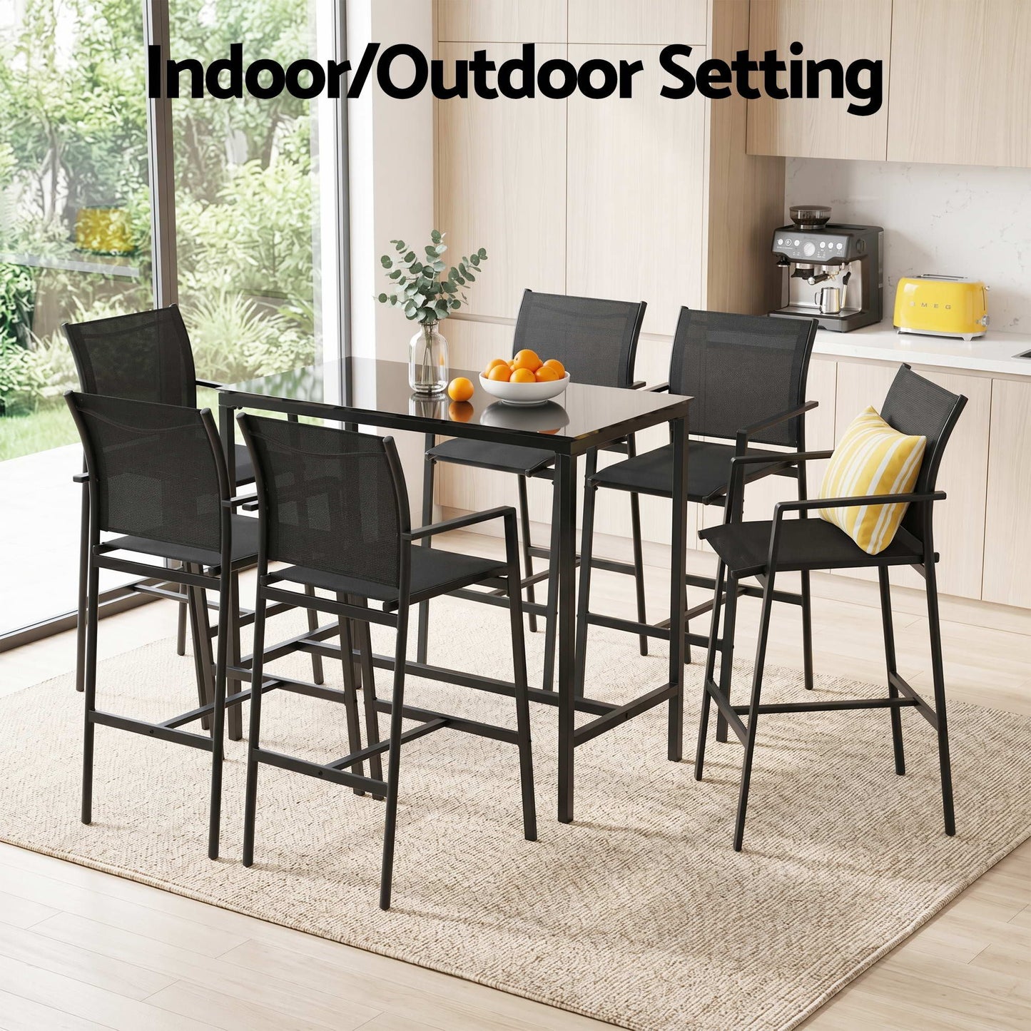 Basina 6-Seater Outdoor Bar Set Stools Dining Chairs Table Patio Steel Bistro Set 7-Piece - Black