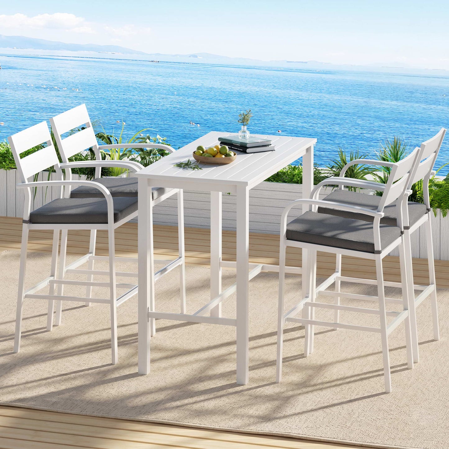 Julian 4-Seater Dining Chairs Table Patio Aluminium Bistro Set 5-Piece Outdoor Bar Set - White