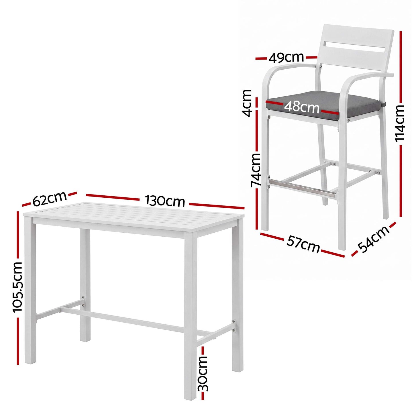 Julian 4-Seater Dining Chairs Table Patio Aluminium Bistro Set 5-Piece Outdoor Bar Set - White