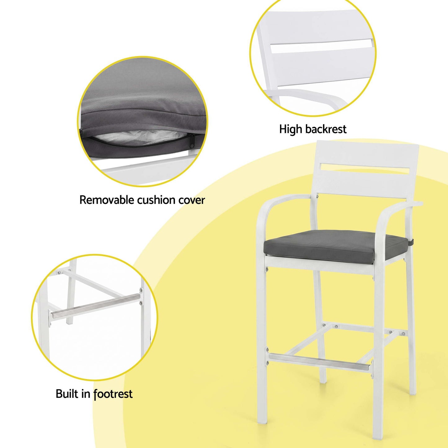 Julian 4-Seater Dining Chairs Table Patio Aluminium Bistro Set 5-Piece Outdoor Bar Set - White