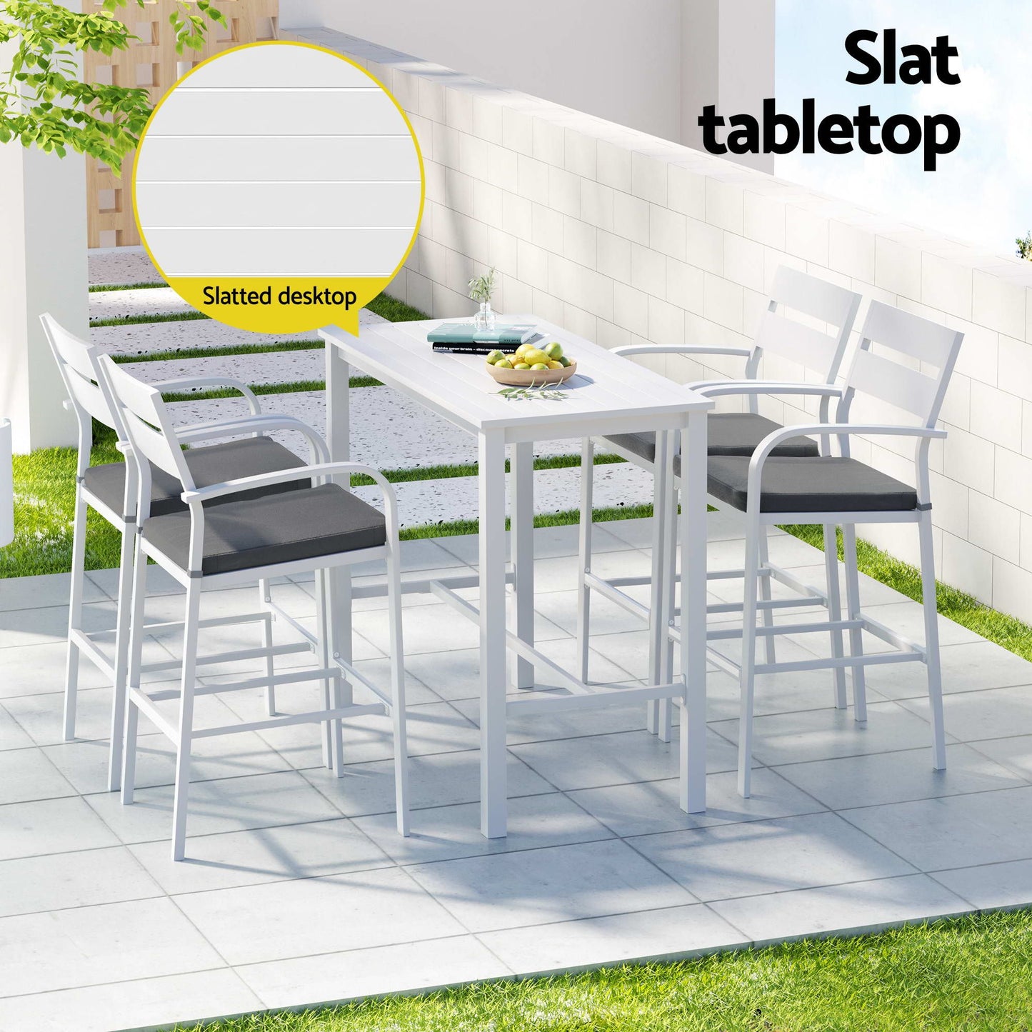 Julian 4-Seater Dining Chairs Table Patio Aluminium Bistro Set 5-Piece Outdoor Bar Set - White