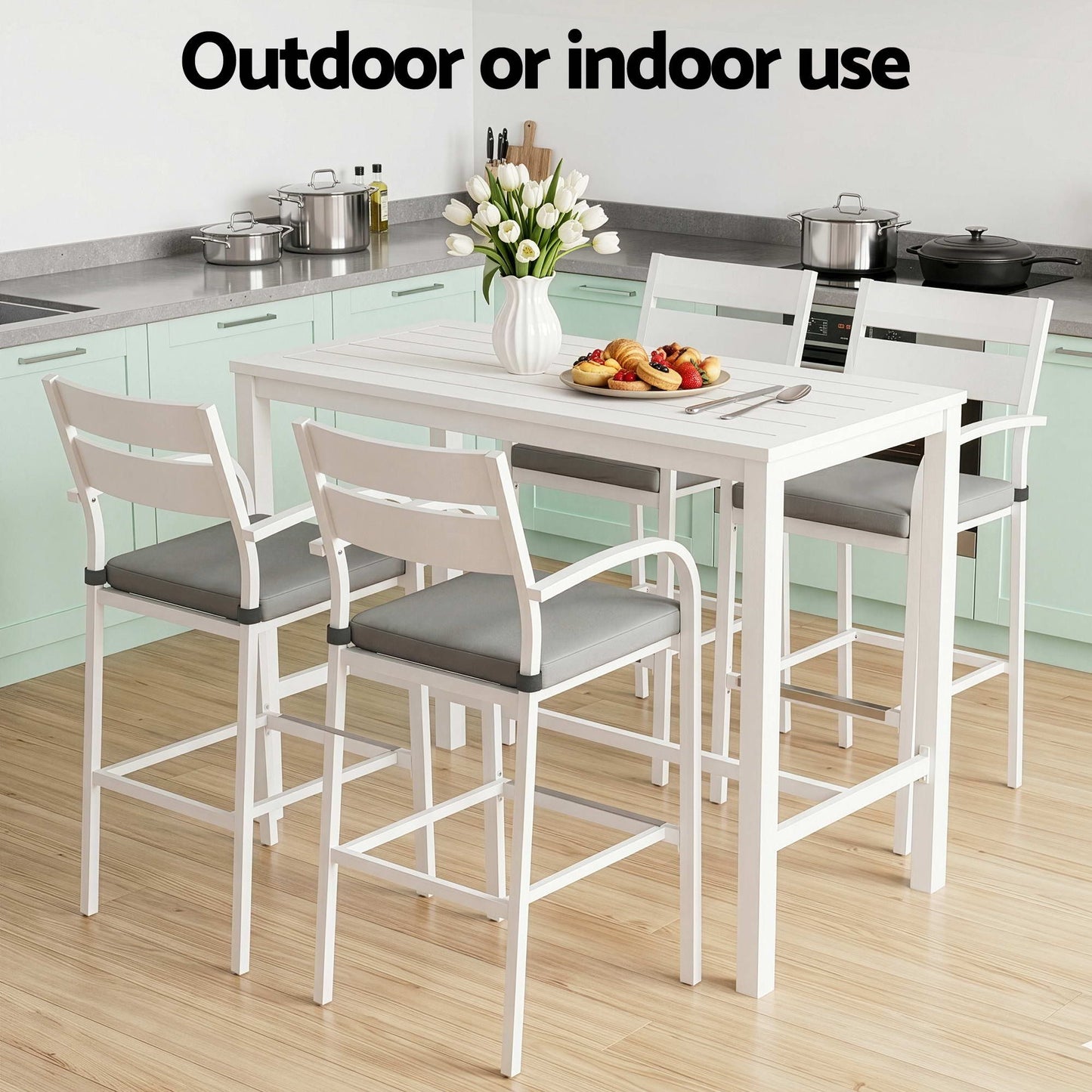 Julian 4-Seater Dining Chairs Table Patio Aluminium Bistro Set 5-Piece Outdoor Bar Set - White