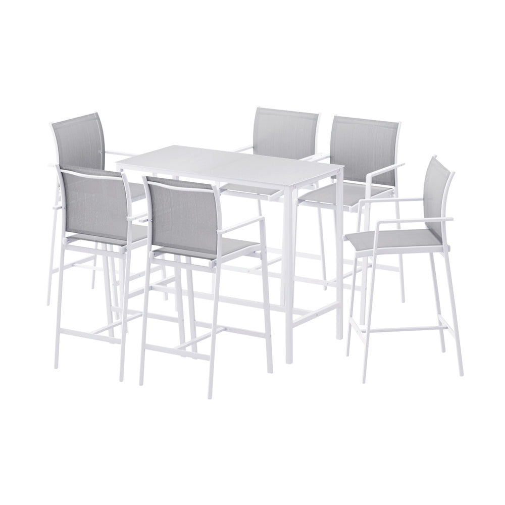 Erion 6-Seater Outdoor Bar Set Stools Dining Chairs Table Patio Steel Bistro Set 7-Piece - White