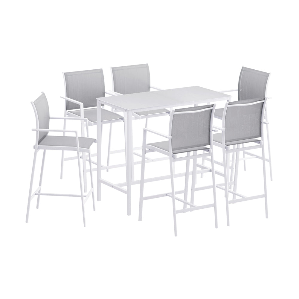 Erion 6-Seater Outdoor Bar Set Stools Dining Chairs Table Patio Steel Bistro Set 7-Piece - White