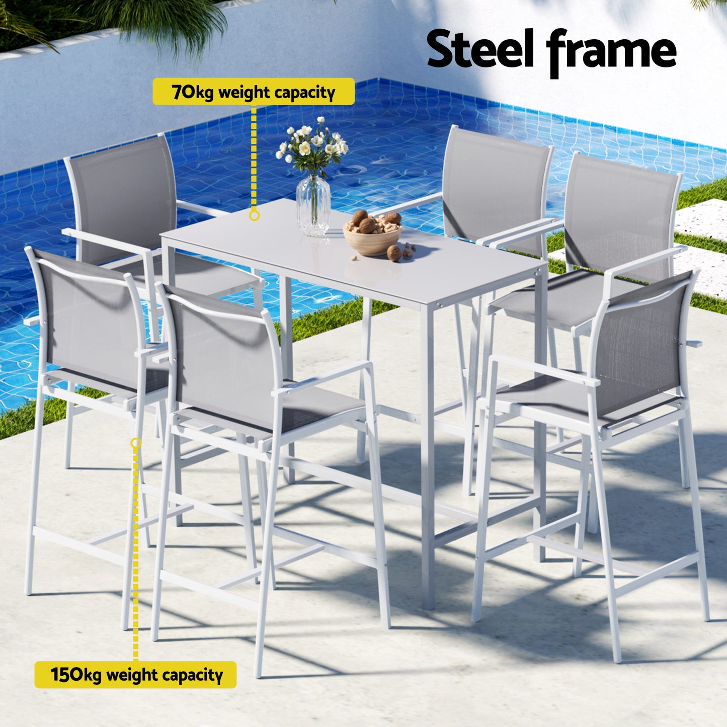 Erion 6-Seater Outdoor Bar Set Stools Dining Chairs Table Patio Steel Bistro Set 7-Piece - White