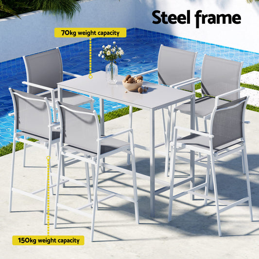 Erion 6-Seater Outdoor Bar Set Stools Dining Chairs Table Patio Steel Bistro Set 7-Piece - White