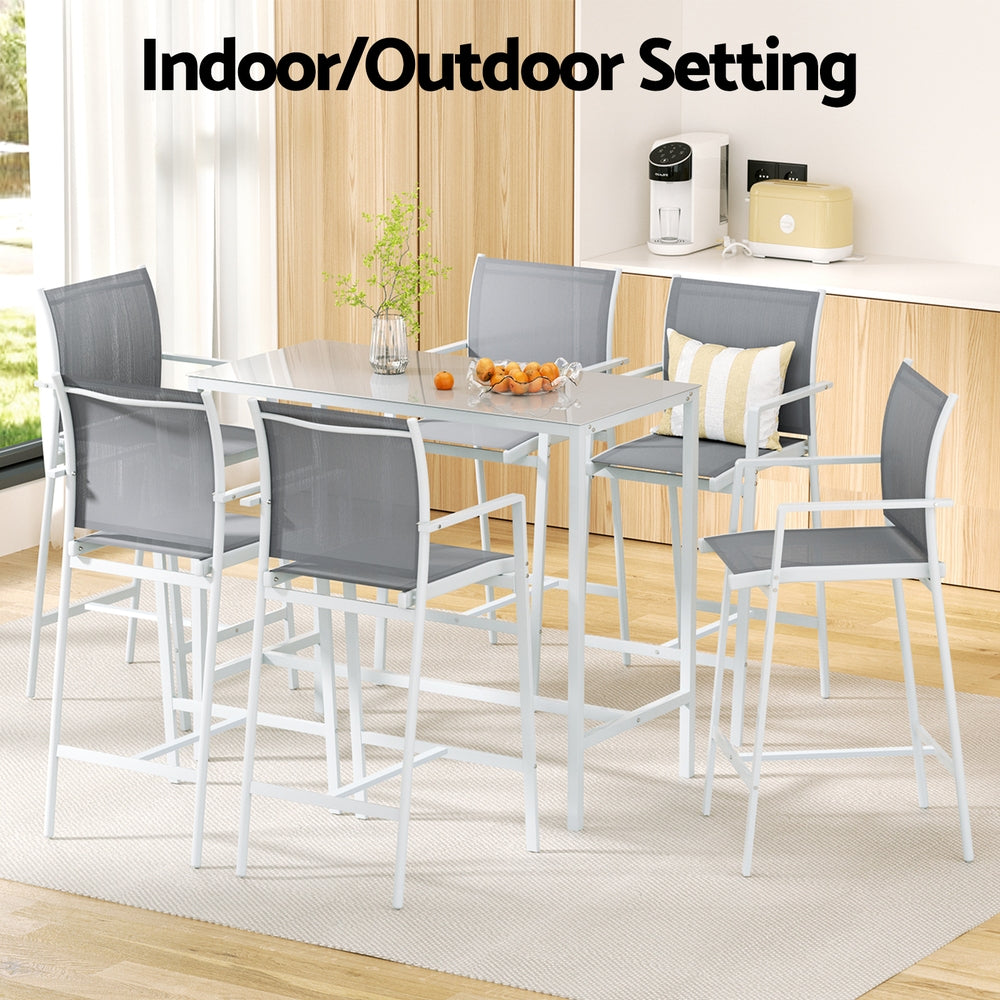 Erion 6-Seater Outdoor Bar Set Stools Dining Chairs Table Patio Steel Bistro Set 7-Piece - White