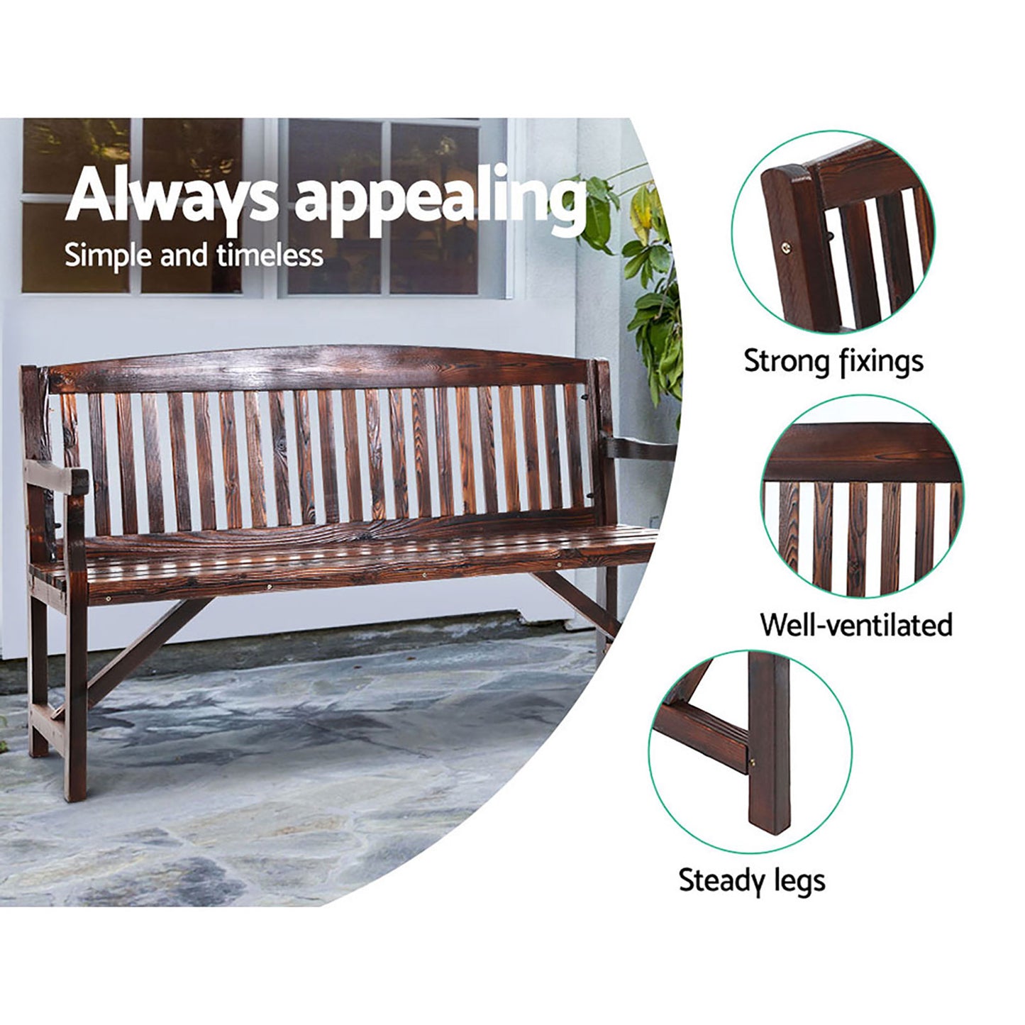 Solene Wooden Garden Bench Chair Natural Decor Patio Deck 3 Seater - Natural
