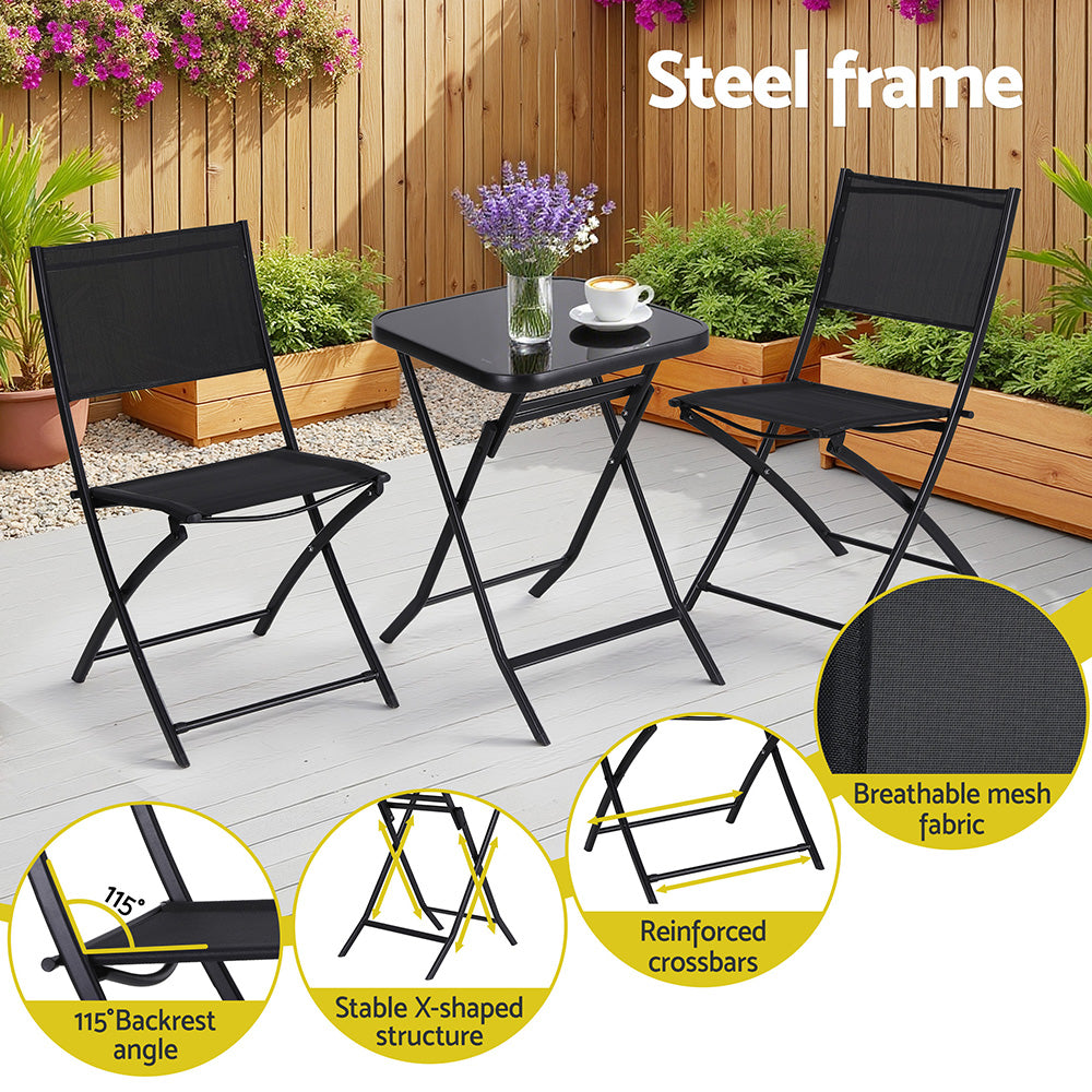 Kallan  Outdoor Bistro Set Folding Table and Chairs Patio Furniture Garden Steel - Black