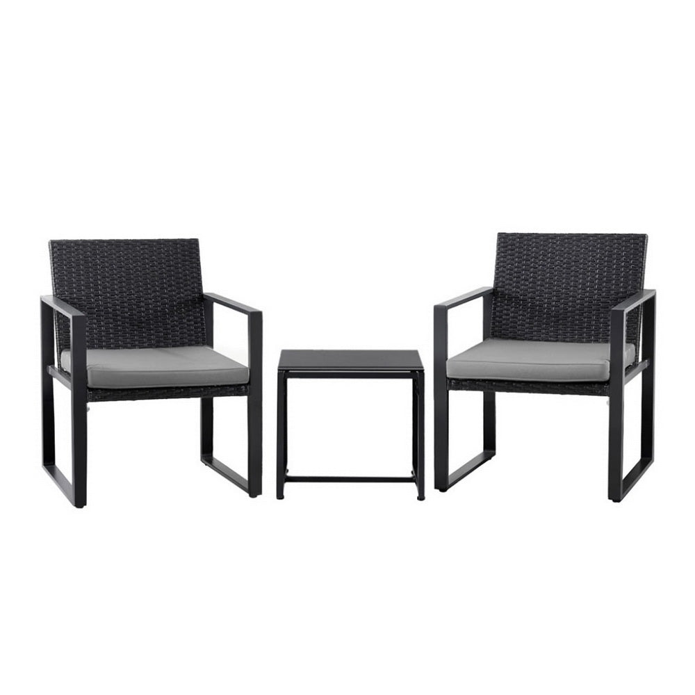 Bellamy 3-Piece Outdoor Bistro Set Patio Furniture Wicker Dining Chairs Table Cushion - Black