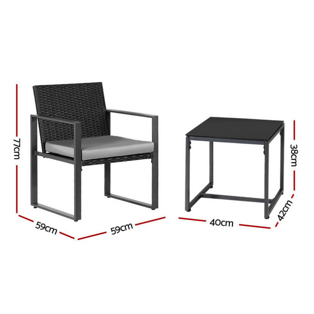 Bellamy 3-Piece Outdoor Bistro Set Patio Furniture Wicker Dining Chairs Table Cushion - Black