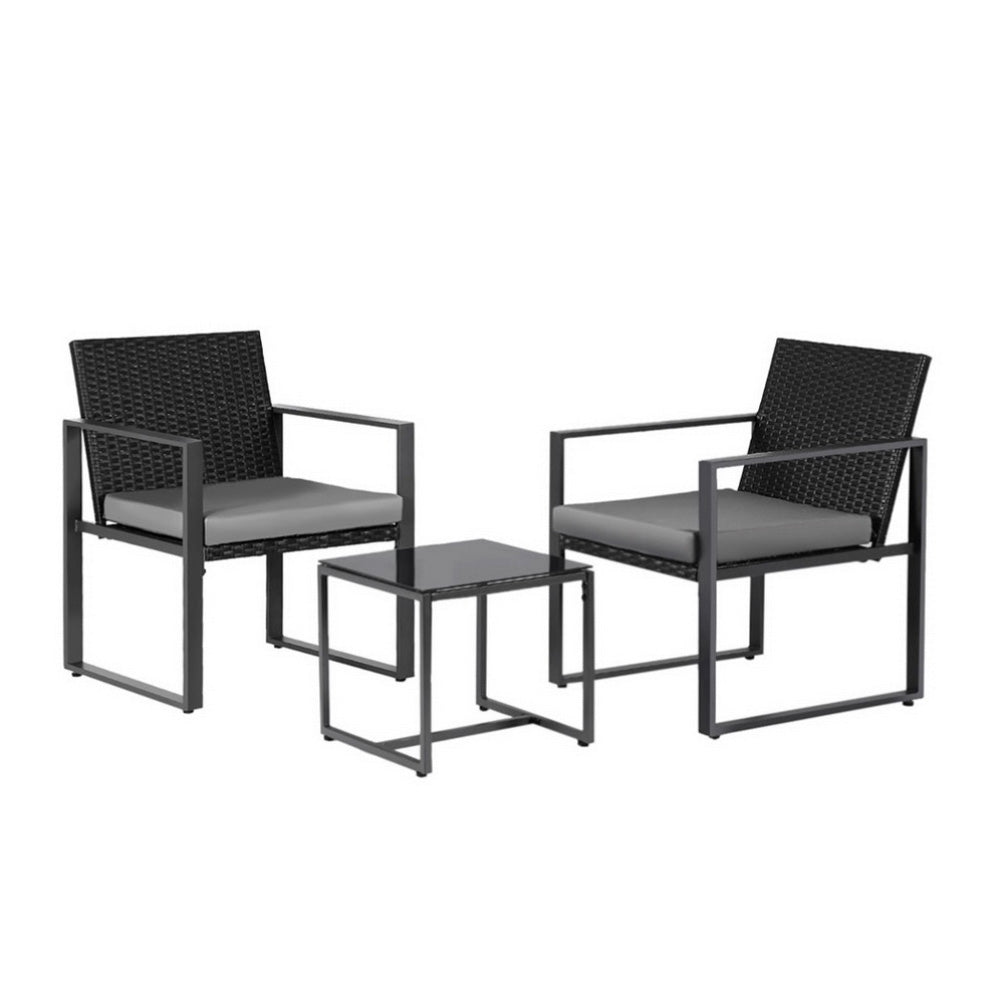 Bellamy 3-Piece Outdoor Bistro Set Patio Furniture Wicker Dining Chairs Table Cushion - Black