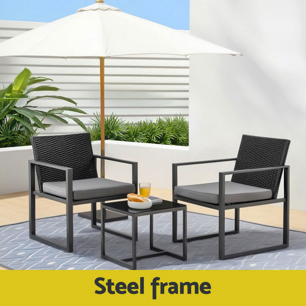Bellamy 3-Piece Outdoor Bistro Set Patio Furniture Wicker Dining Chairs Table Cushion - Black