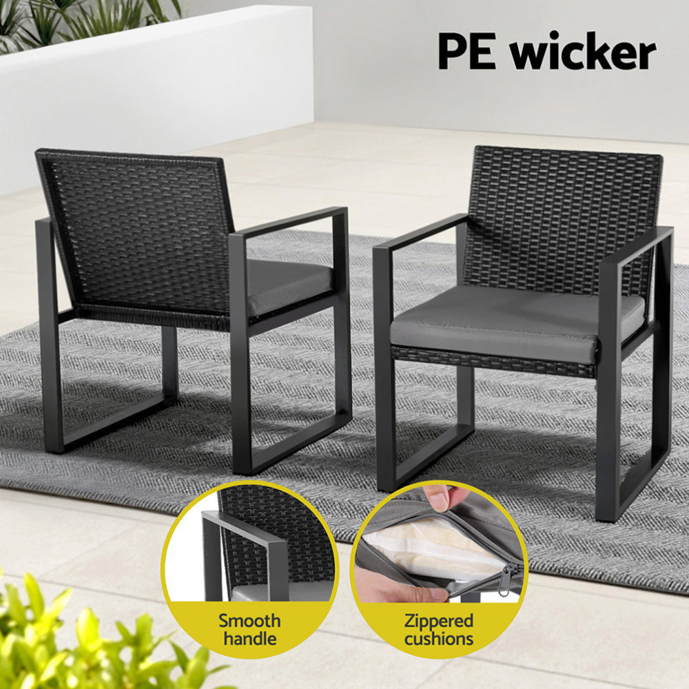 Bellamy 3-Piece Outdoor Bistro Set Patio Furniture Wicker Dining Chairs Table Cushion - Black