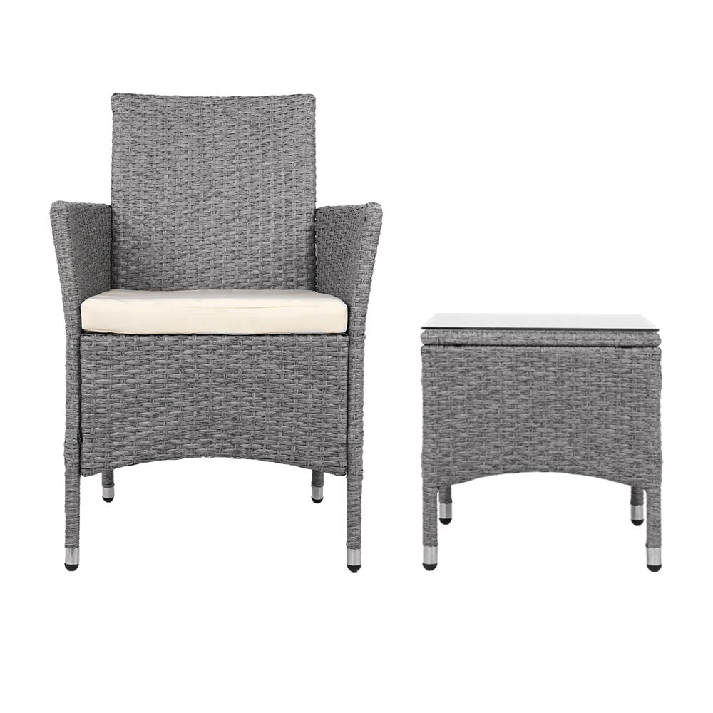 Noah 2-Seater Chair Side Table Furniture 3-Piece Wicker Outdoor - Grey