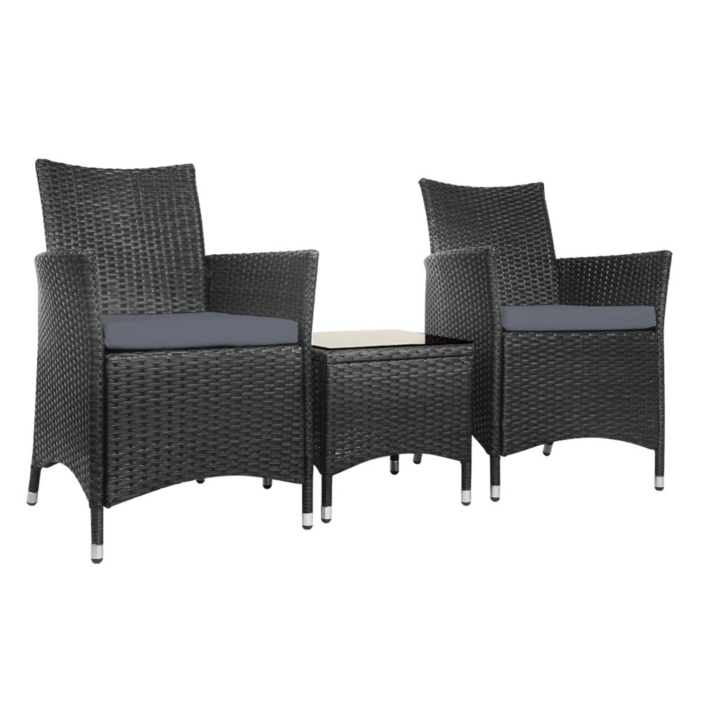 Noah 2-Seater Wicker Furniture 3-Piece Outdoor Setting with Black Tempered Glass - Black