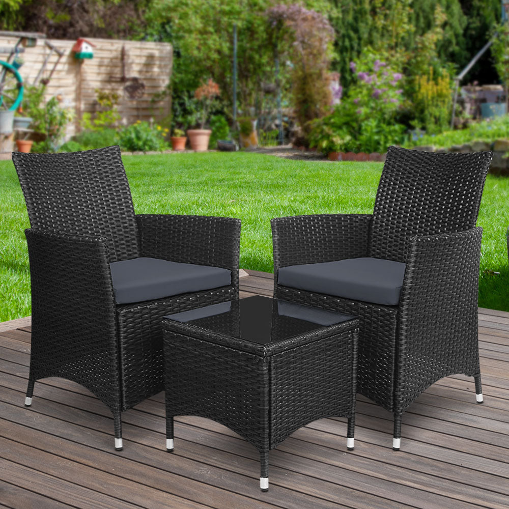 Noah 2-Seater Wicker Furniture 3-Piece Outdoor Setting with Black Tempered Glass - Black