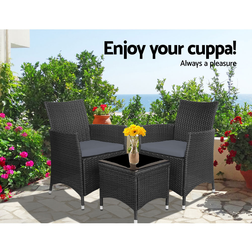 Noah 2-Seater Wicker Furniture 3-Piece Outdoor Setting with Black Tempered Glass - Black