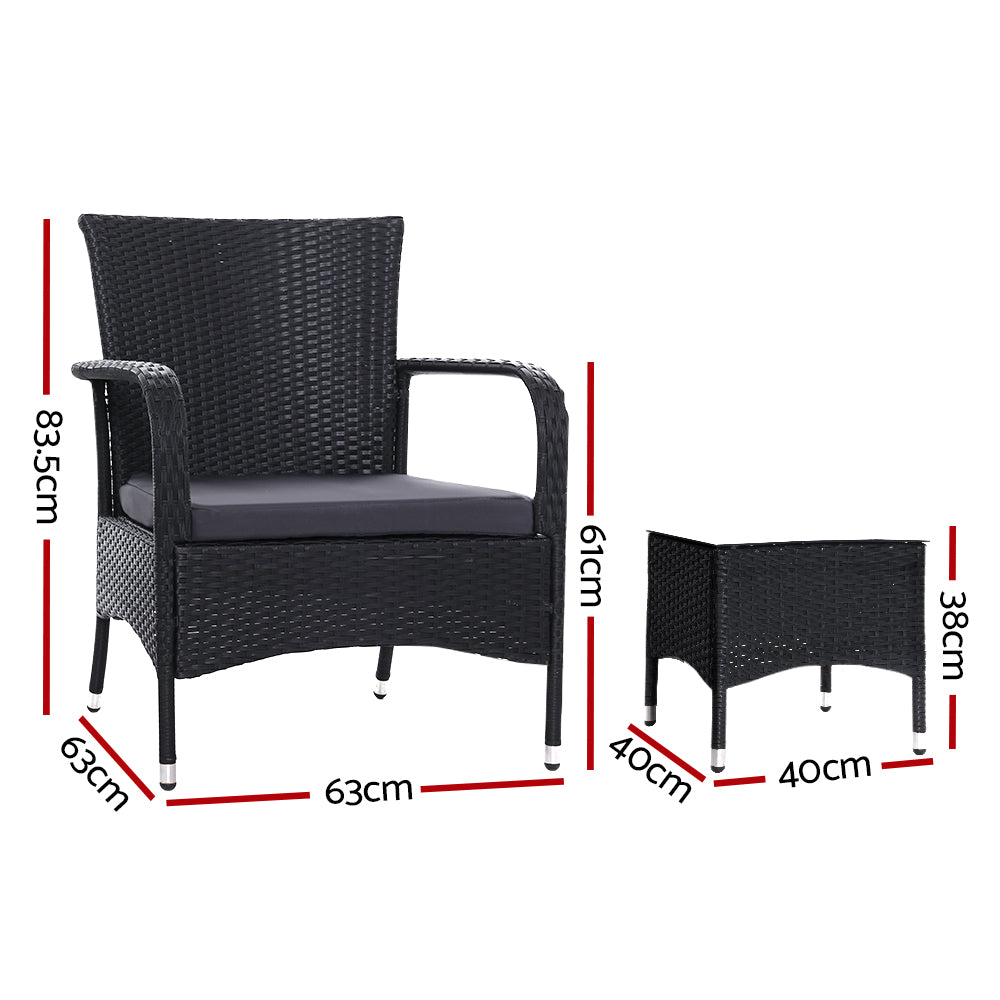 Noah 2-Seater Patio Wicker Conversation Chairs Table 3-Piece Outdoor Furniture - Black