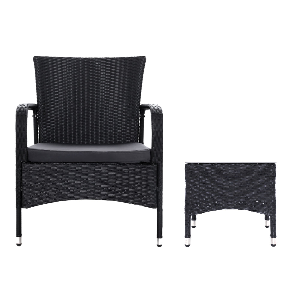 Noah 2-Seater Patio Wicker Conversation Chairs Table 3-Piece Outdoor Furniture - Black