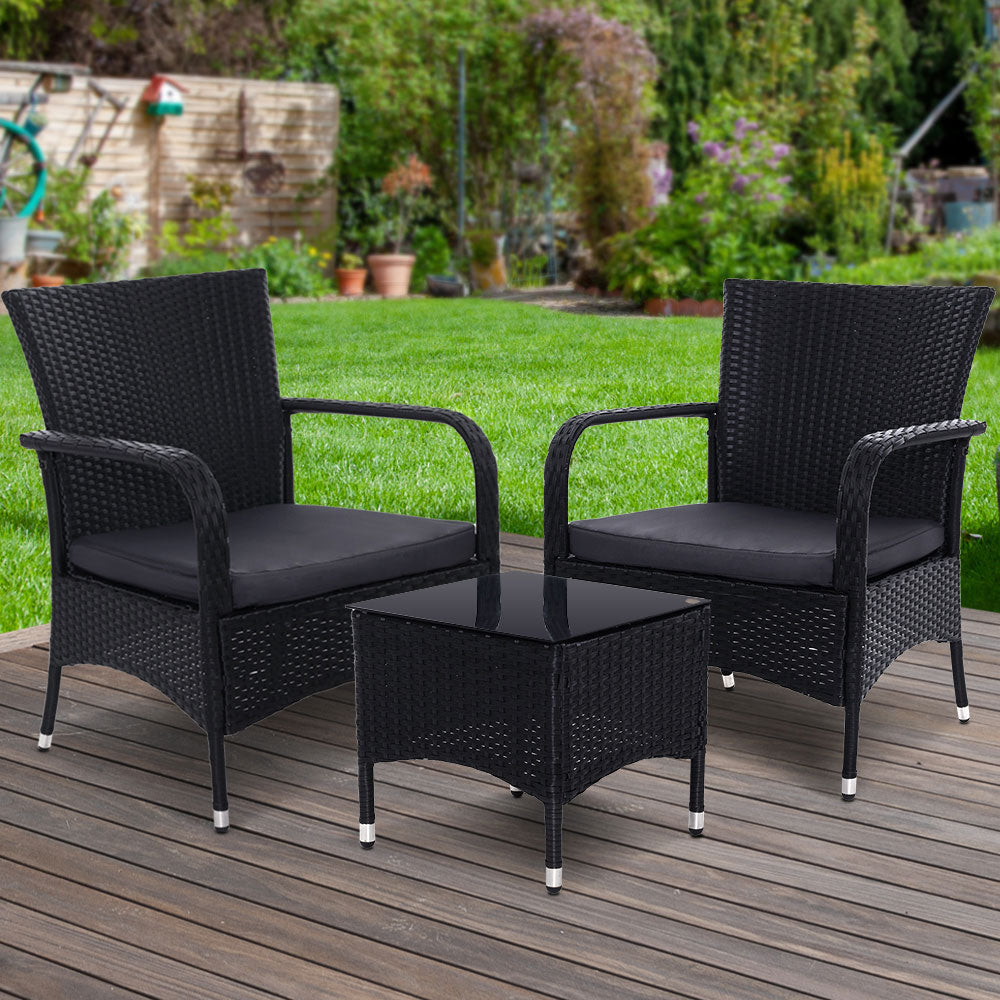 Noah 2-Seater Patio Wicker Conversation Chairs Table 3-Piece Outdoor Furniture - Black