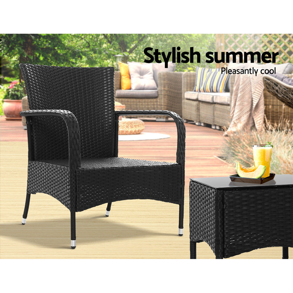 Noah 2-Seater Patio Wicker Conversation Chairs Table 3-Piece Outdoor Furniture - Black