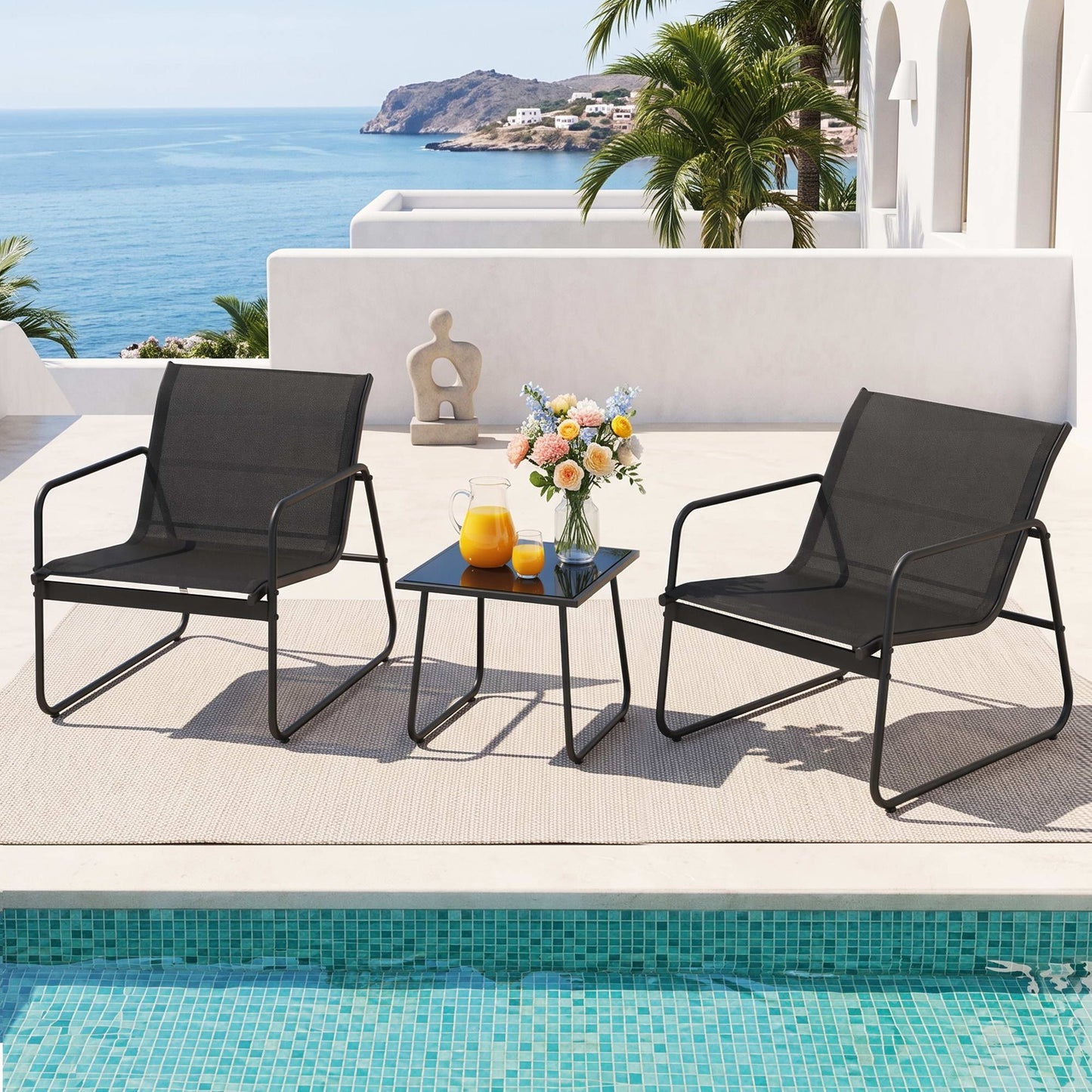 Nayeli 3-Piece Outdoor Bistro Set Table and Chairs Steel Dining Chair Patio Furniture Textilene - Black