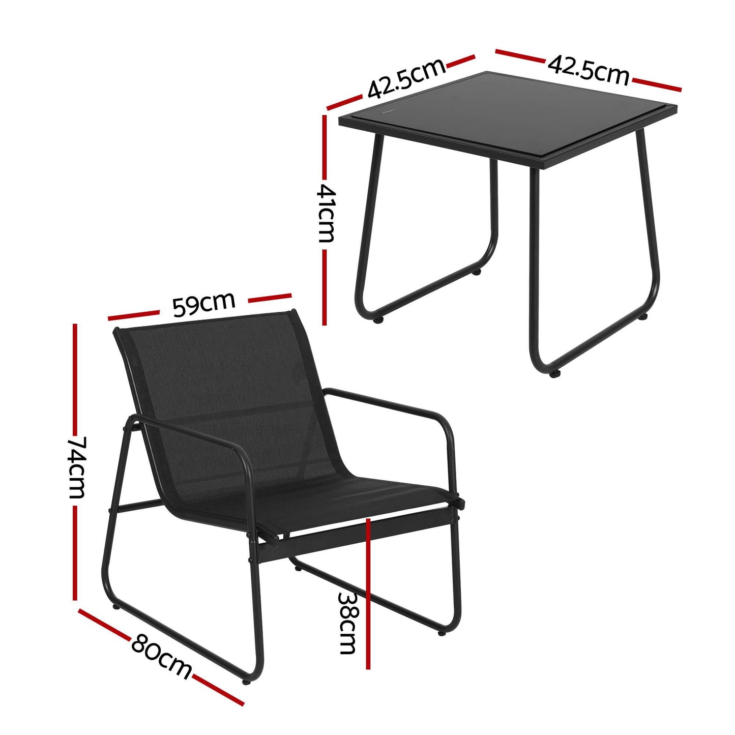 Nayeli 3-Piece Outdoor Bistro Set Table and Chairs Steel Dining Chair Patio Furniture Textilene - Black